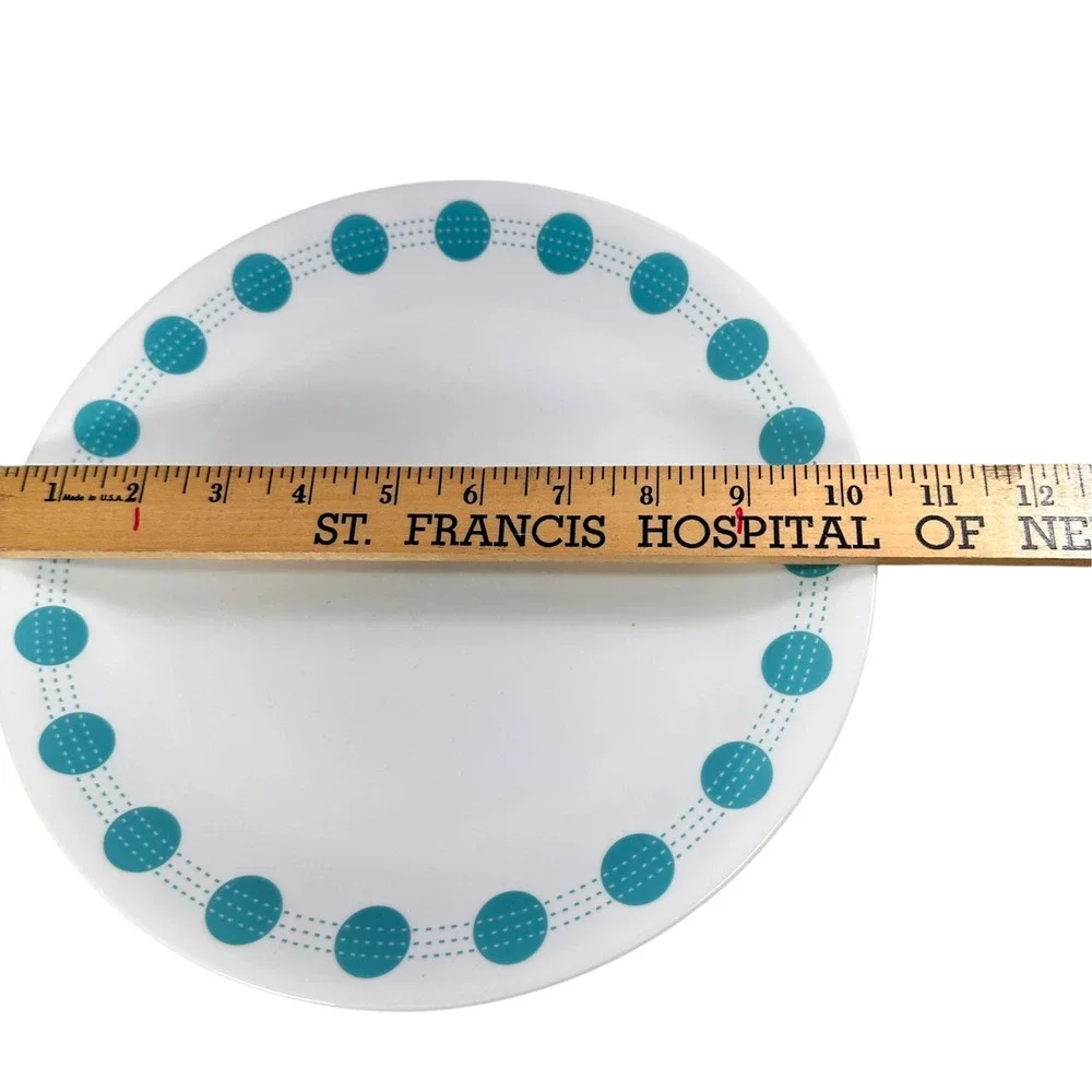 Corelle South Beach Dinner Plates 10.25 Turquoise Dots Dashes Vitrelle Lot of 4